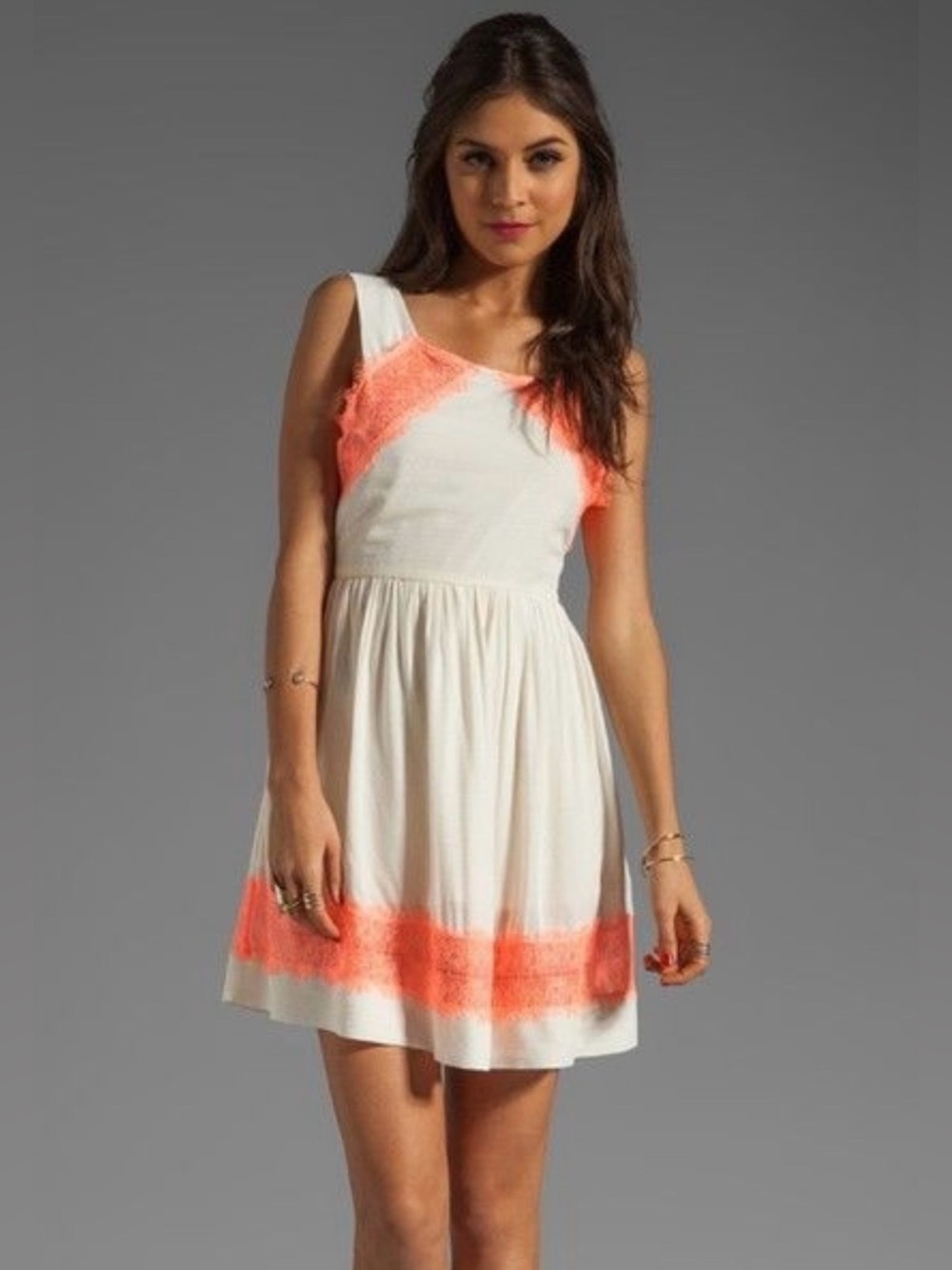 NWT Free People Alabaster White Neon Coral Lace Mini Dress Size 2
